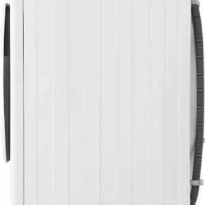 Vue latérale du lave-linge frontal blanc LG F14R50WHS avec une porte noire et un tuyau de vidange attaché.