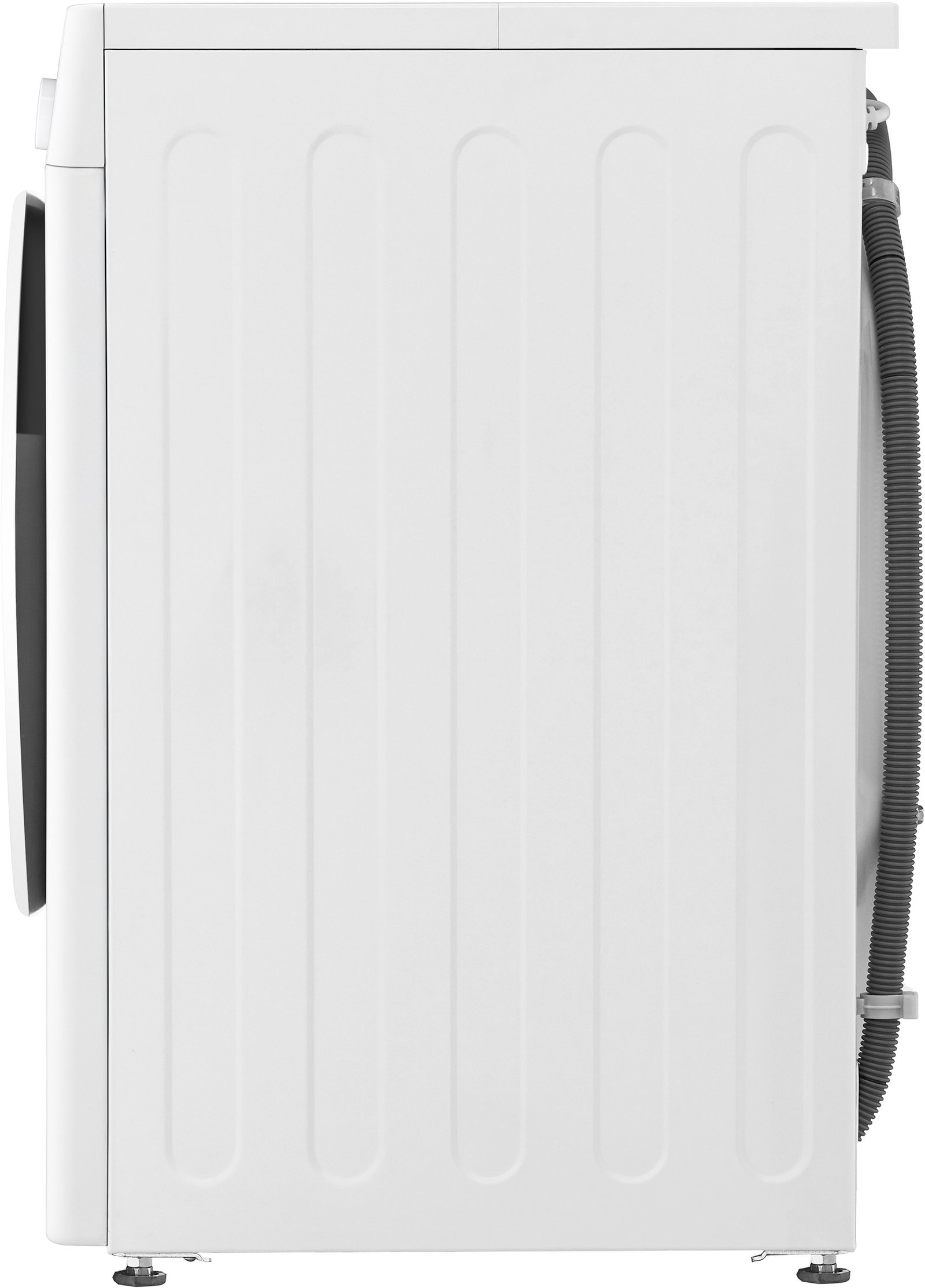 Vue latérale du lave-linge frontal blanc LG F14R50WHS avec une porte noire et un tuyau de vidange attaché.