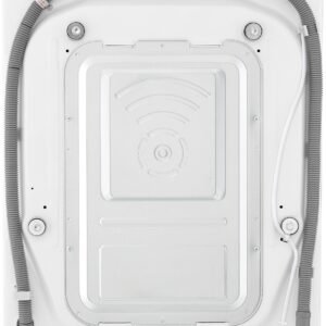 Vue arrière du lave-linge à chargement frontal LG F14R50WHS avec les tuyaux et le cordon électrique attachés.