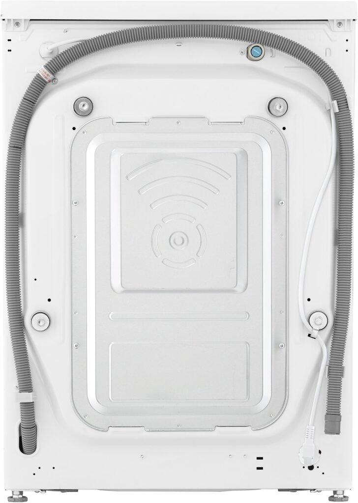 Vue arrière du lave-linge à chargement frontal LG F14R50WHS avec les tuyaux et le cordon électrique attachés.