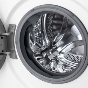 Gros plan sur un lave-linge à chargement frontal LG F14R50WHS ouvert, mettant en valeur son tambour moderne en acier inoxydable.