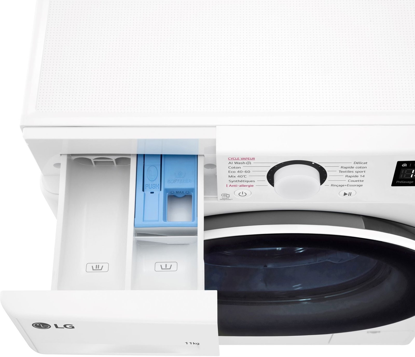 Ouvrez le tiroir à détergent du lave-linge à chargement frontal LG F14R50WHS pour voir ses compartiments et son panneau de commande.