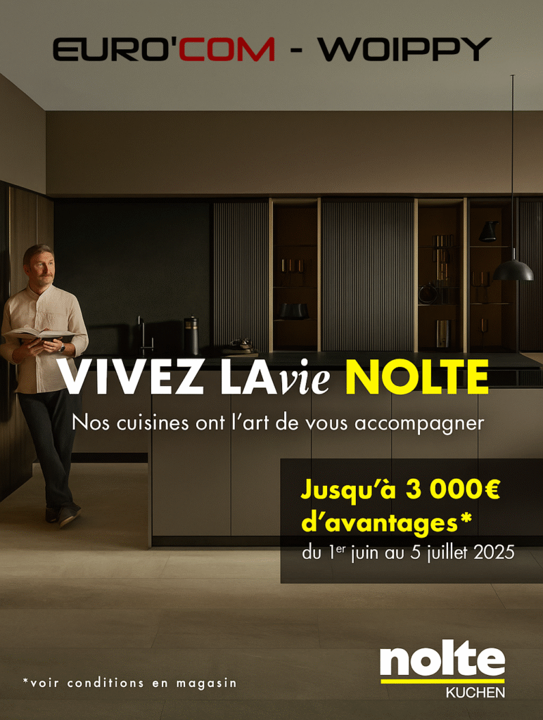 Un homme se tient debout dans une cuisine moderne aux armoires sombres, sous un texte promotionnel français en gras pour Nolte, soulignant l’avantage exclusif valable jusqu’en juin 2025.