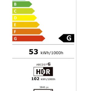 Label énergétique de l'UE pour SAMSUNG TQ43Q7F4AUXXC : classé G, 53 kWh/1000h (HDR : 102 kWh/1000h), 43", 3840x2160 px.