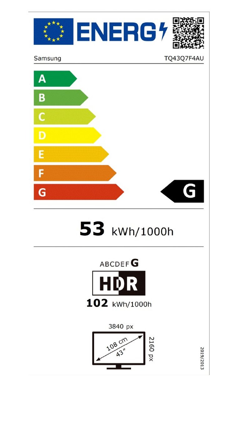 Label énergétique de l'UE pour SAMSUNG TQ43Q7F4AUXXC : classé G, 53 kWh/1000h (HDR : 102 kWh/1000h), 43", 3840x2160 px.