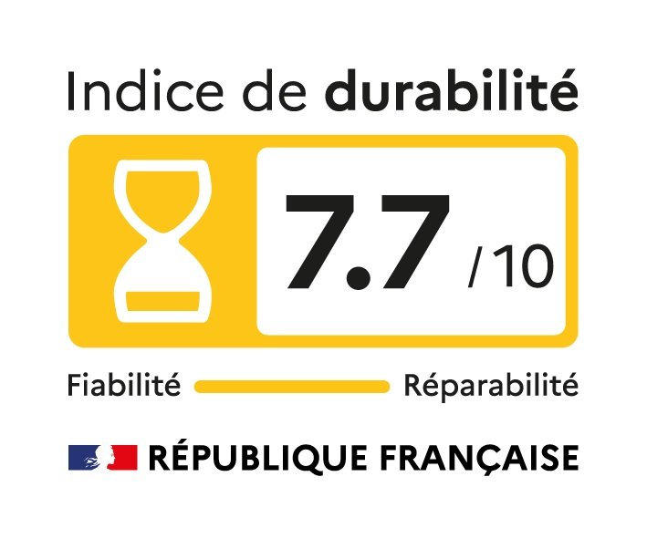 Le SAMSUNG TQ55Q7F4AUXXC est doté d'un indice de durabilité français de 7,7/10, avec des icônes et un drapeau français, ce qui souligne la fiabilité de ses performances.
