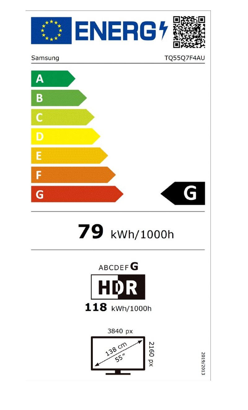 Le téléviseur SAMSUNG TQ55Q7F4AUXXC QLED a une étiquette énergétique européenne G, consomme 79 kWh/1000h, dispose d'un écran 4K HDR de 55 pouces et est le modèle TQ55Q7F4AU.