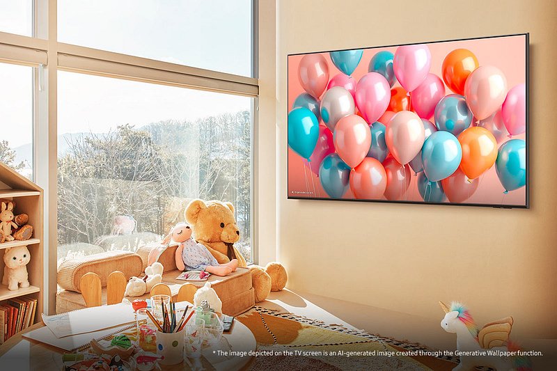 Salle de jeux pour enfants avec des jouets, un gros ours en peluche et un téléviseur SAMSUNG TQ55Q7F4AUXXC au mur montrant des ballons colorés.