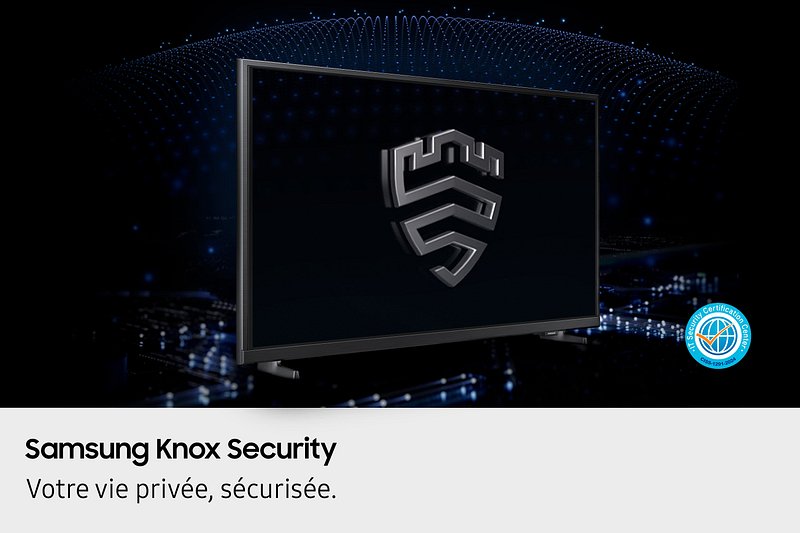 Le téléviseur SAMSUNG TQ55Q7F4AUXXC comporte le logo Samsung Knox Security et le texte "Votre vie privée, sécurisée". Profitez d'une protection avancée de votre vie privée.