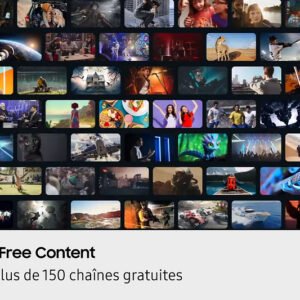 Un collage de scènes de télévision et de films apparaît sur le téléviseur SAMSUNG TQ55Q7F4AUXXC QLED, avec le texte : "Contenu gratuit illimité. Accès à plus de 150 chaînes gratuites.