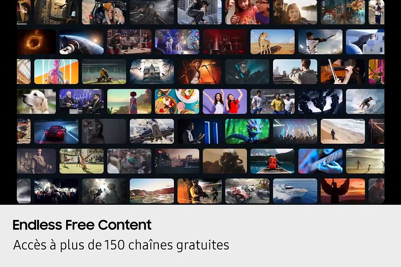 Un collage de scènes de télévision et de films apparaît sur le téléviseur SAMSUNG TQ55Q7F4AUXXC QLED, avec le texte : "Contenu gratuit illimité. Accès à plus de 150 chaînes gratuites.