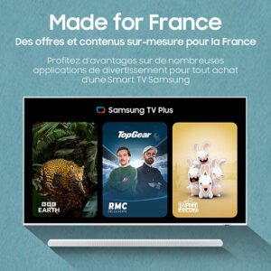 Le téléviseur SAMSUNG TQ55Q7F4AUXXC présente des émissions telles que "Planet Earth", "Top Gear" et "Lapins Crétins" avec un bandeau promotionnel "Made for France".
