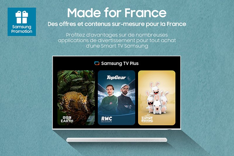 Le téléviseur SAMSUNG TQ55Q7F4AUXXC présente des émissions telles que "Planet Earth", "Top Gear" et "Lapins Crétins" avec un bandeau promotionnel "Made for France".