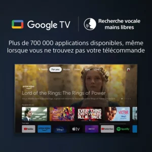 Le téléviseur intelligent SONY KD65W75WL affiche l'interface Google TV en français, affichant les icônes d'application et « Le Seigneur des Anneaux : Les Anneaux de Pouvoir » à l'écran.