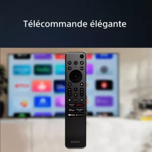 Une télécommande Sony est affichée devant un téléviseur SONY KD65W75WL flou affichant des icônes d'application, avec le texte « Télécommande élégante ».
