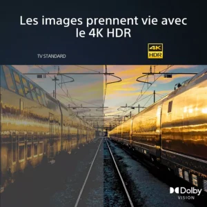 Deux trains reflétant la lumière du coucher du soleil, avec un texte français mettant en évidence les fonctionnalités 4K HDR et Dolby Vision sur le téléviseur intelligent SONY KD65W75WL.