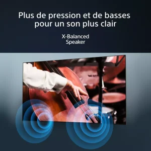 Une personne joue de la contrebasse tandis que des ondes sonores et un texte français sur un son clair et un haut-parleur X-Balanced mettent en valeur l'audio immersif du téléviseur intelligent SONY KD65W75WL.