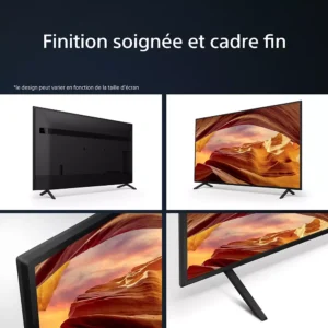 Le SONY KD65W75WL est un téléviseur intelligent à écran plat fin de couleur noire, présenté sous différents angles pour mettre en valeur son cadre fin et son design moderne.