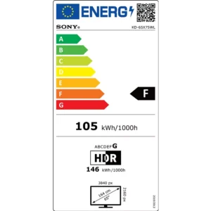 Le téléviseur SONY KD65W75WL dispose d'un écran HDR 65" 3840x2160, est classé F sur l'échelle énergétique de l'UE et consomme 105 kWh par 1000 heures.