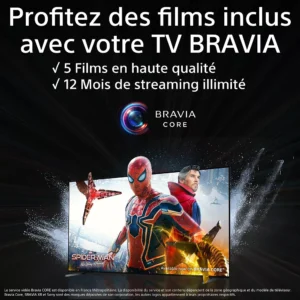 Offre spéciale SONY KD65W75WL : 5 films premium et 12 mois de streaming illimité inclus. Spider-Man à l'écran.