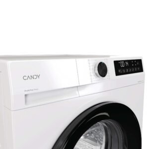 La machine à laver CANDY GD49B8-S est dotée d'un affichage numérique et d'un bouton de commande, présentés sous l'angle avant droit.