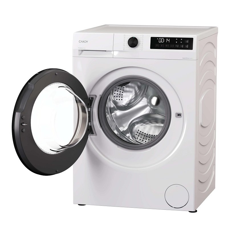 La CANDY GD49B8-S est une machine à laver blanche à chargement frontal présentée avec sa porte ouverte, révélant le tambour vide à l'intérieur.