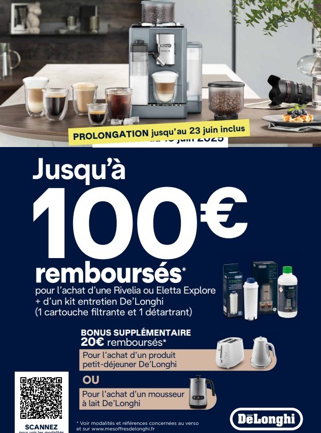 Promotion machines à café DELONGHI : jusqu'à 100€ remboursés à l'achat, prolongation de l'offre jusqu'au 23 juin. Découvrez notre gamme de robots café et profitez d'économies prolongées !.