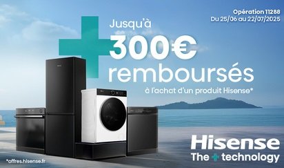 Les appareils HISENSE en bord de mer, avec un texte offrant jusqu'à 300€ remboursés sur les achats jusqu'en juillet 2025.