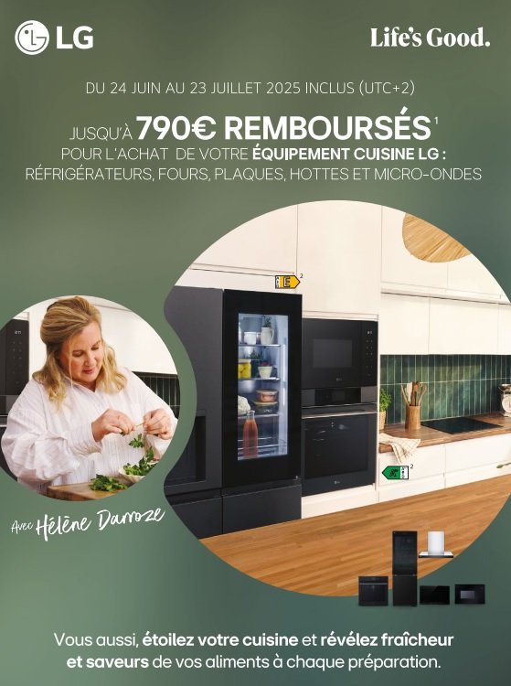 Une femme dans une cuisine moderne près d'appareils LG, avec LG QNED, promouvant une offre de remboursement jusqu'à 790€ valable jusqu'en 2025.