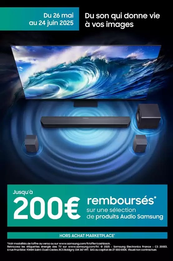 Téléviseur et système audio Samsung avec motif vague, avec jusqu'à 200 € de cashback sur les produits audio. Offre valable jusqu'en mai-juin 2025.