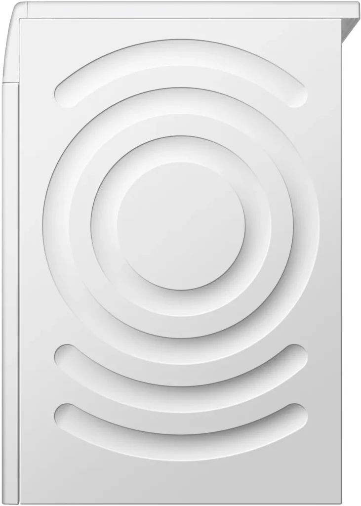 Objet rectangulaire blanc avec des indentations circulaires et incurvées sur sa surface, ressemblant au panneau latéral d'un lave-linge BOSCH WGG254FAFR.