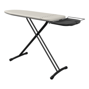 La LAURASTAR CONFORTBOARD est une planche à repasser pliante dotée d'une surface beige, d'un cadre en métal noir et d'un plateau pratique pour poser le fer à repasser.