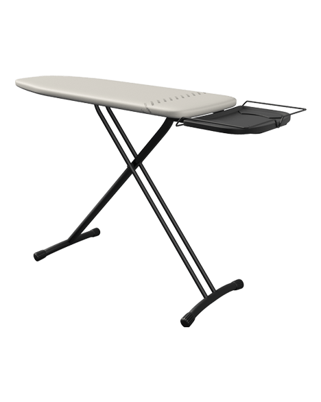 La LAURASTAR CONFORTBOARD est une planche à repasser pliante dotée d'une surface beige, d'un cadre en métal noir et d'un plateau pratique pour poser le fer à repasser.