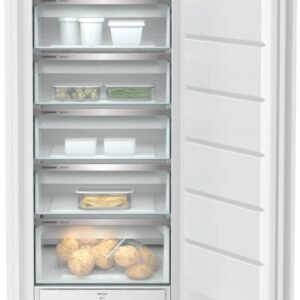 Le congélateur LIEBHERR FND7026-22 est ouvert et présente six étagères remplies de récipients assortis, de légumes, de pâtes et de petits pains.