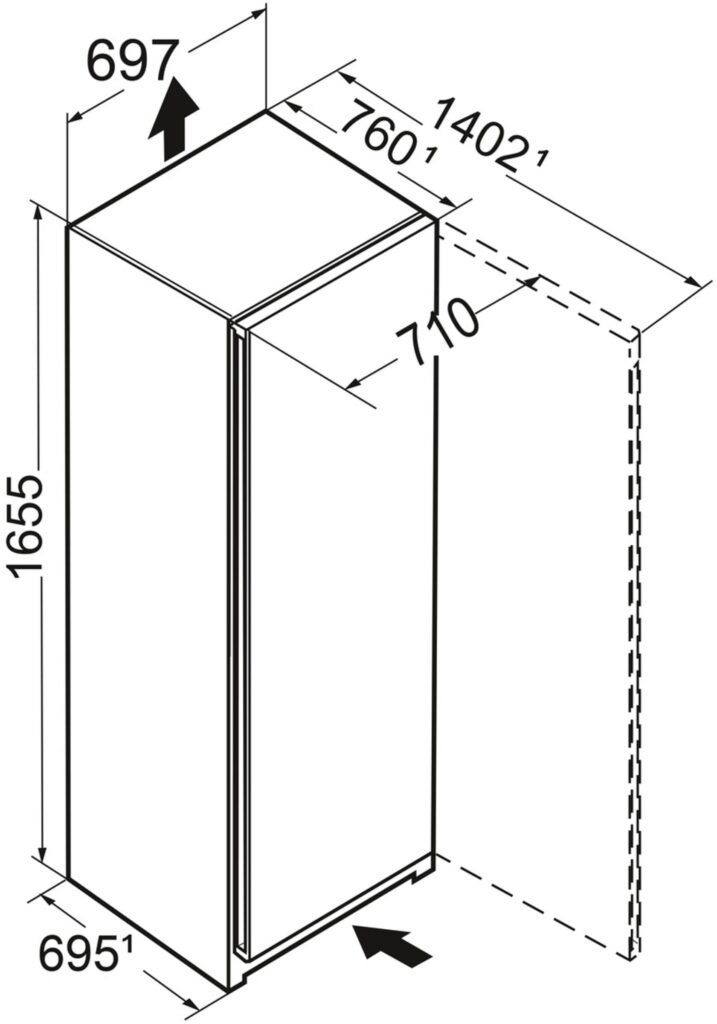 Dessin technique du LIEBHERR FND7026-22, une armoire rectangulaire haute, avec des mesures millimétriques précises.