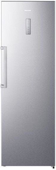 Le HISENSE FL372BIE est un réfrigérateur haut et argenté doté d'une poignée verticale et d'un panneau de commande compact sur la porte avant.