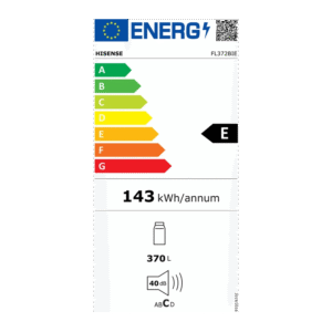 Le réfrigérateur HISENSE FL372BIE a une étiquette énergétique E, consomme 143 kWh/an, offre une capacité de 370 litres et fonctionne à un niveau sonore silencieux de 40 dB.