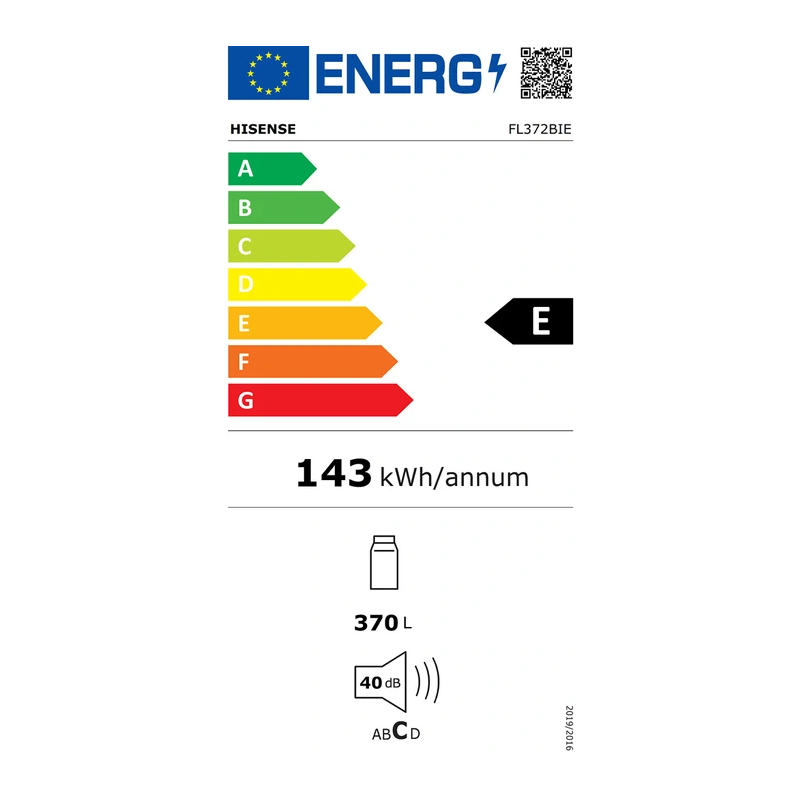 Le réfrigérateur HISENSE FL372BIE a une étiquette énergétique E, consomme 143 kWh/an, offre une capacité de 370 litres et fonctionne à un niveau sonore silencieux de 40 dB.