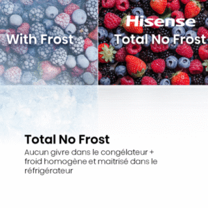 Des baies congelées avec du givre (à gauche) et des baies fraîches (à droite) montrent comment le congélateur HISENSE FL372BIE préserve mieux la fraîcheur que d'autres congélateurs.
