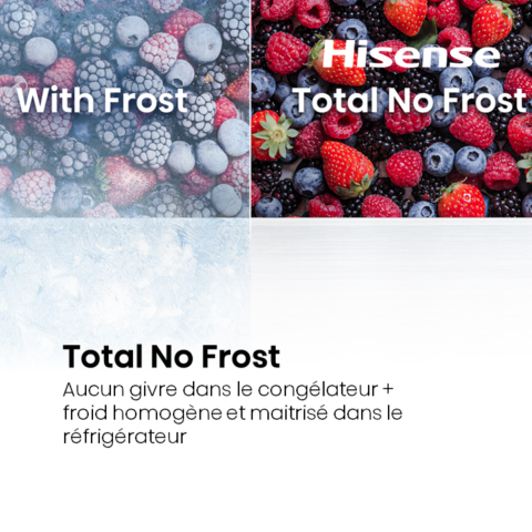 Des baies congelées avec du givre (à gauche) et des baies fraîches (à droite) montrent comment le congélateur HISENSE FL372BIE préserve mieux la fraîcheur que d'autres congélateurs.