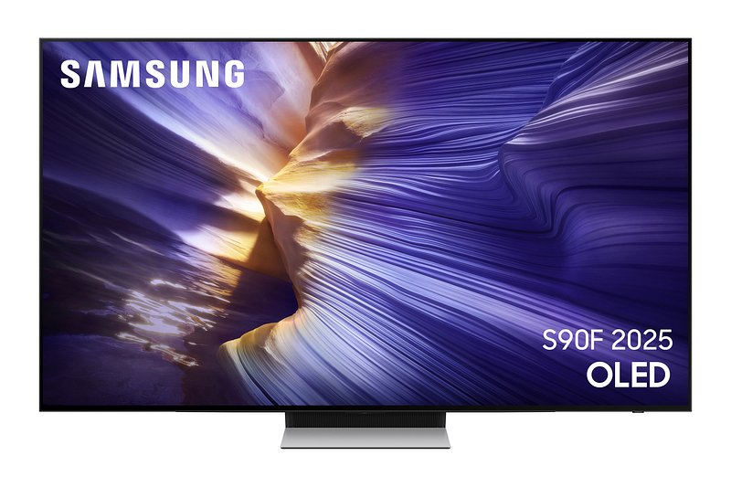 Le téléviseur OLED SAMSUNG TQ55S90F présente un motif abstrait violet et or, offrant des couleurs vibrantes et des détails époustouflants pour une expérience visuelle immersive.