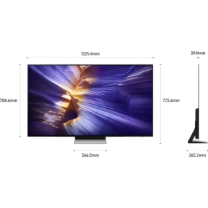 Le téléviseur SAMSUNG TQ55S90F est doté d'un écran plat de 55 pouces et présente les dimensions suivantes : largeur 1225,4 mm, hauteur 773,6 mm et profondeur 39,9 mm (vue de côté).