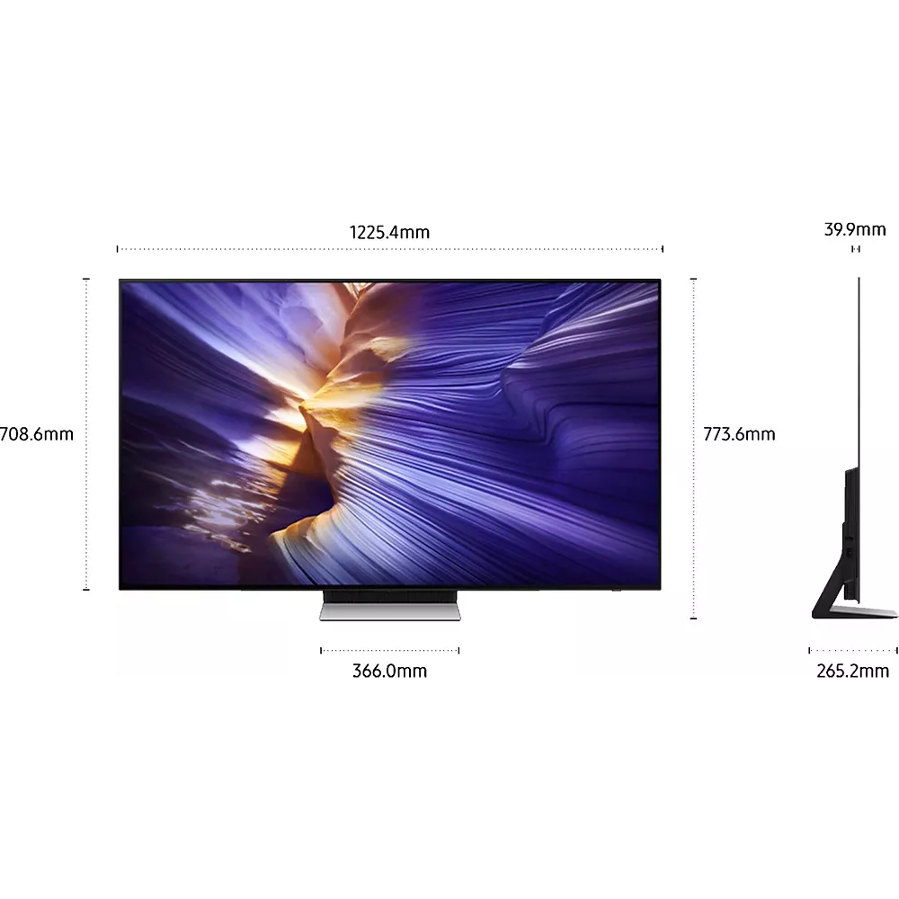 Le téléviseur SAMSUNG TQ55S90F est doté d'un écran plat de 55 pouces et présente les dimensions suivantes : largeur 1225,4 mm, hauteur 773,6 mm et profondeur 39,9 mm (vue de côté).