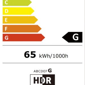 Étiquette énergétique pour le SAMSUNG TQ55S90F : classé G, 65 kWh/1000h, 4K HDR, résolution 3840x2160 ; code QR en haut à droite.
