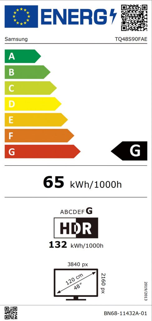 Étiquette énergétique pour le SAMSUNG TQ55S90F : classé G, 65 kWh/1000h, 4K HDR, résolution 3840x2160 ; code QR en haut à droite.