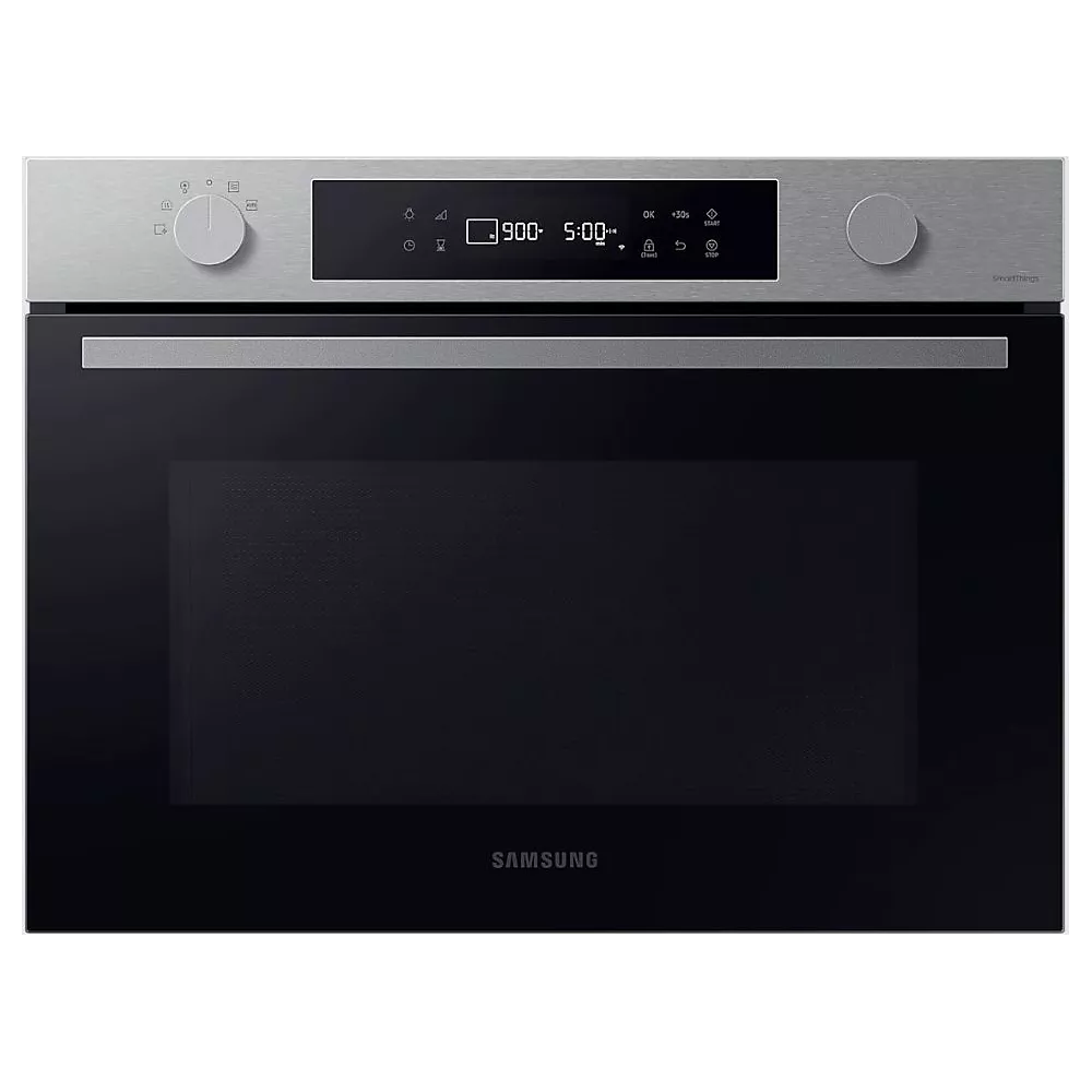 Vue de face du four SAMSUNG NQ5B4513GBS en noir et argent, doté d'un écran digital et de boutons de commande.