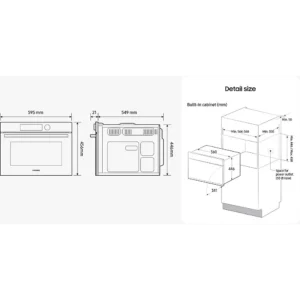 Schémas détaillés d'installation et d'encastrement avec dimensions en millimètres pour le four SAMSUNG NQ5B4513GBS.