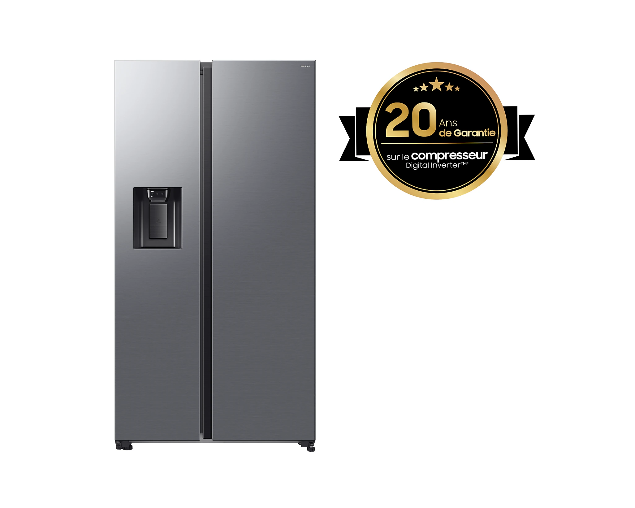Un élégant réfrigérateur SAMSUNG RS70F64KETEF argenté à double porte est présenté à côté d'un badge indiquant "20 Ans de Garantie sur le compresseur".