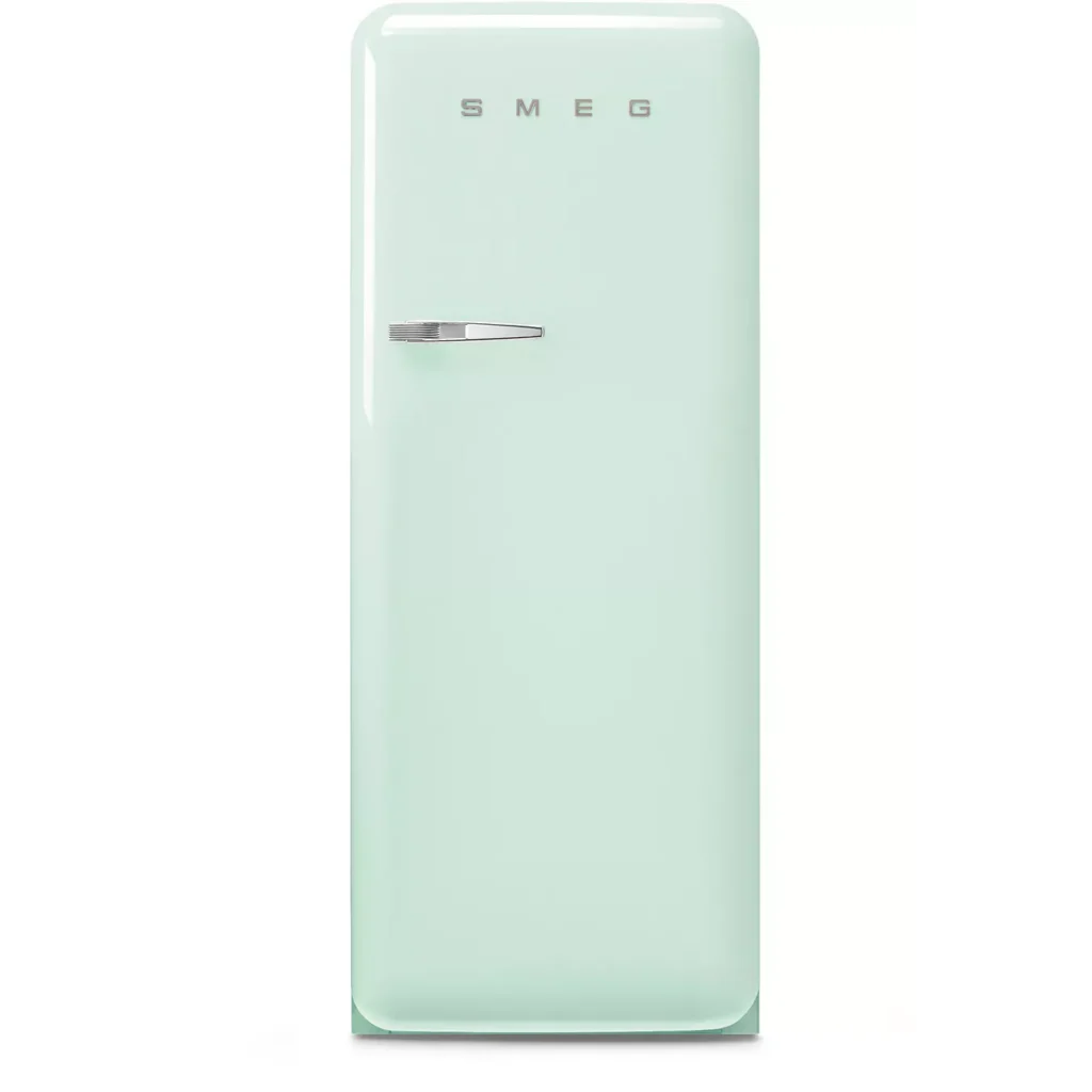 Le SMEG FAB28RPG6 est un réfrigérateur vert menthe de style rétro avec une seule porte et une poignée chromée, présenté de face.