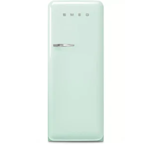 Le SMEG FAB28RPG6 est un réfrigérateur vert menthe de style rétro avec une seule porte et une poignée chromée, présenté de face.